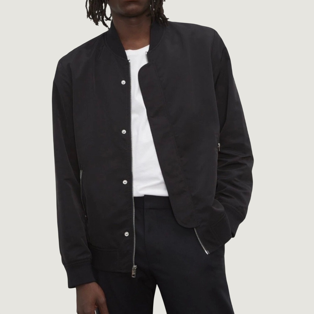 Club Monaco Black Matte Nylon Full-Zip Bomber Jacket, XL, Sleek Classic Timeless